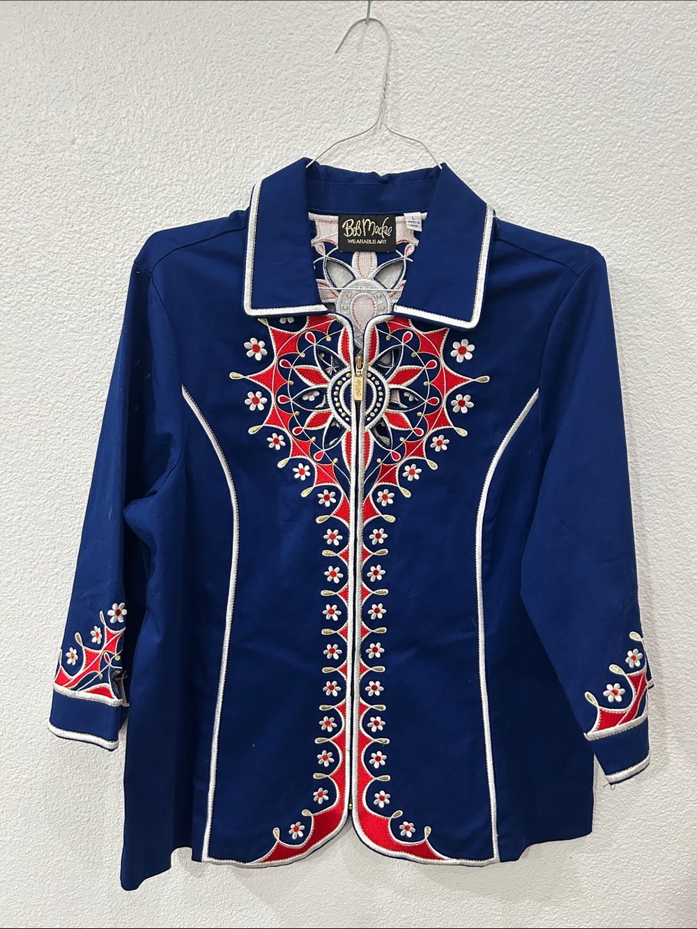 Bob Mackie Royal Blue Embroidered Button-Front Jacket with Red & White Accents